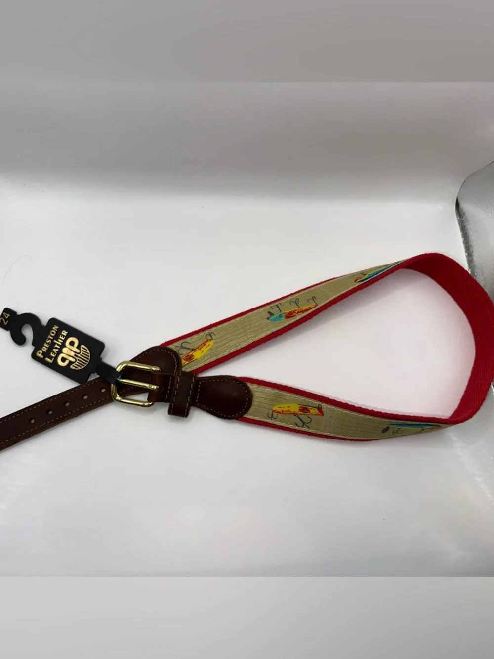 Preston Leather Fishing Lures Belt Solid Brass Buckle Kids Size 24 Made in USA